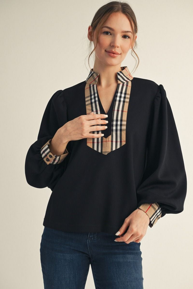 Plaid Contrast Mock Neck Top B12748