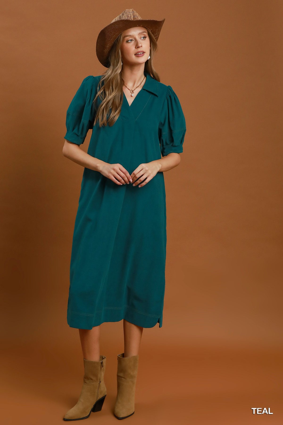 Corduroy Collared Puff-Sleeve Midi Dress C6658