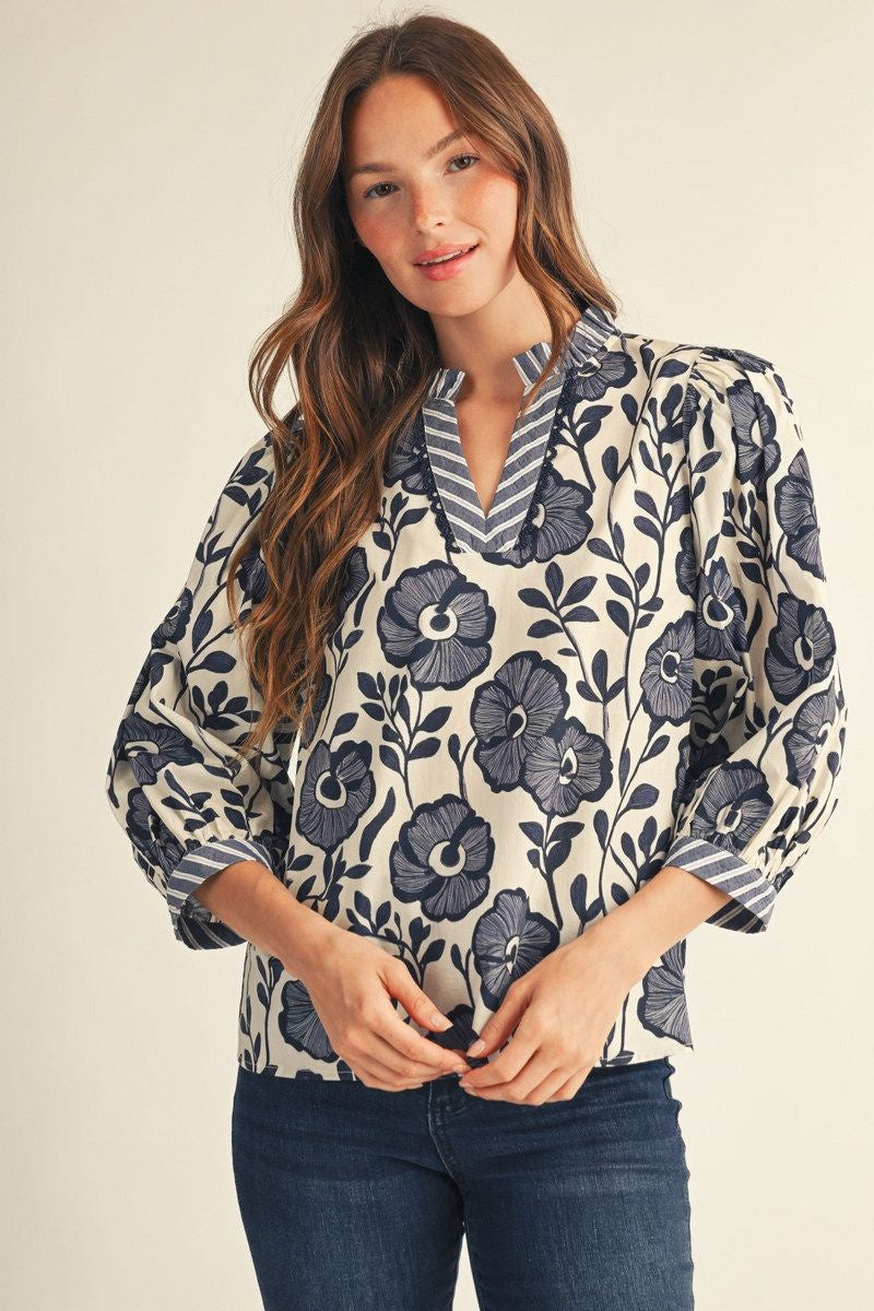 Floral Ruffle Neck Top with Scallop Trim