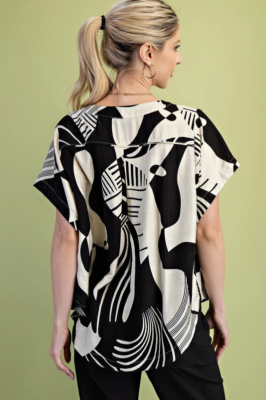 Abstract Print V Neck Top TE1234