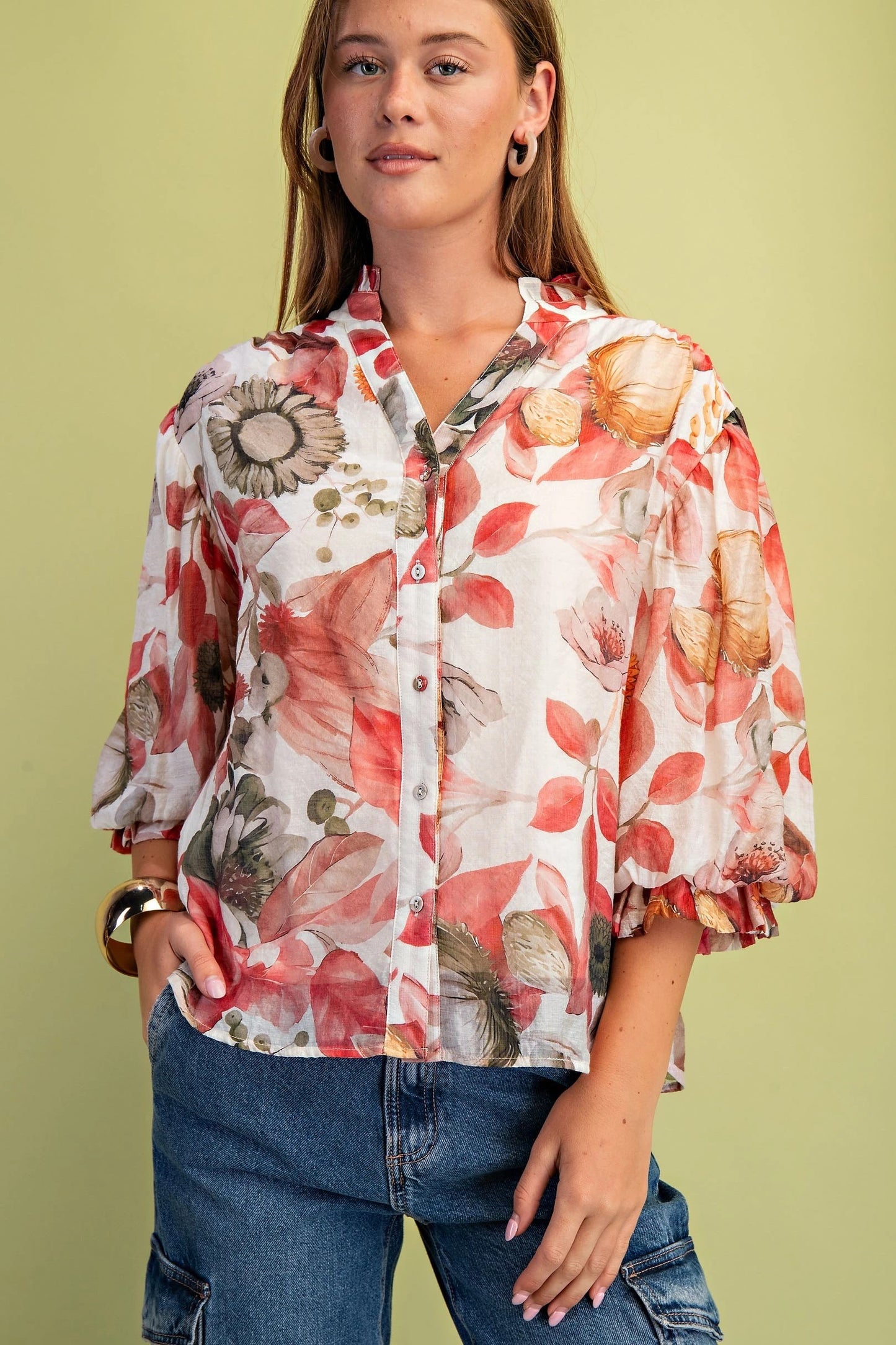 Floral Button Down Top w/ Gathered Sleeves 1530