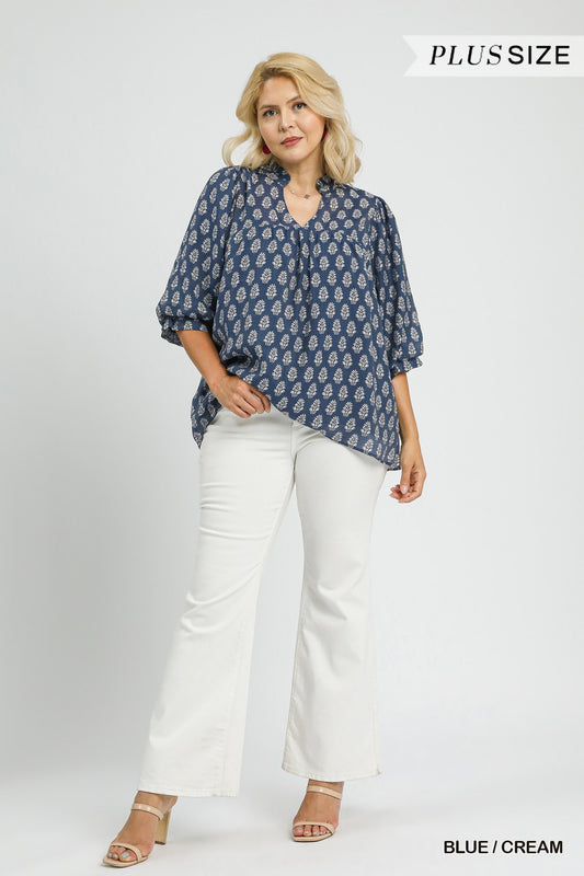 Floral Print V-Split Blouse 0793