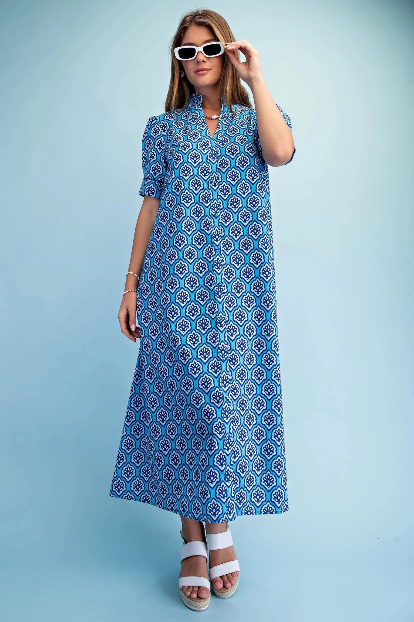 Bright Printed Button Down Midi Dress with Ruffled Collar and Pleated Short Sleeves - Hello Beautiful BoutiqueDressGigio