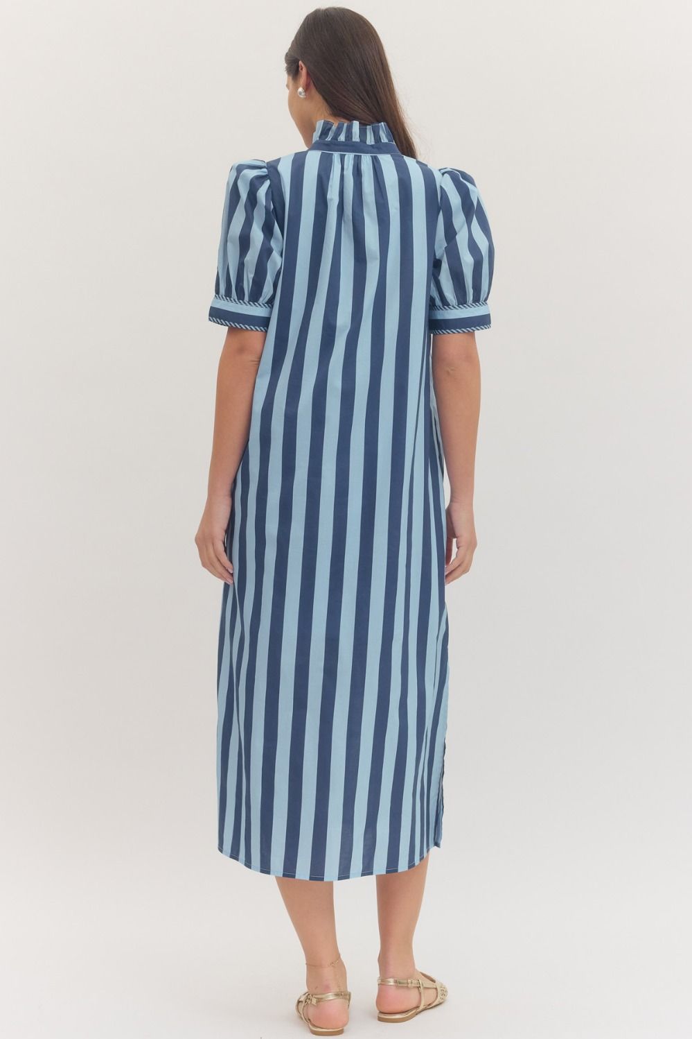 Eloise Blue Stripe Puff Sleeve Midi Dress with Pockets - Hello Beautiful BoutiqueDressEntro