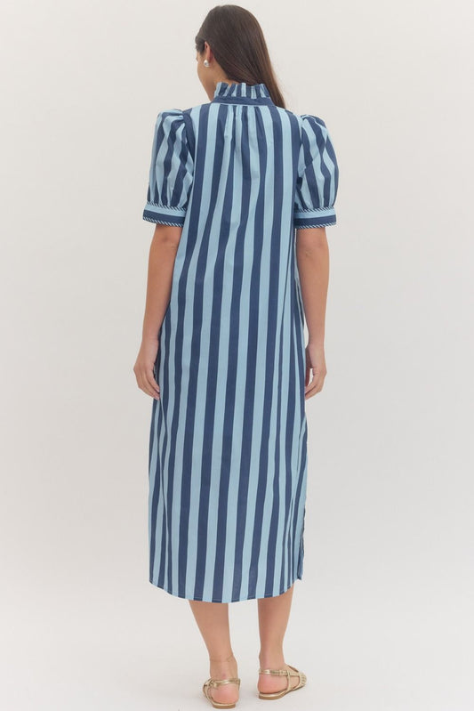 Eloise Blue Stripe Puff Sleeve Midi Dress with Pockets - Hello Beautiful BoutiqueDressEntro