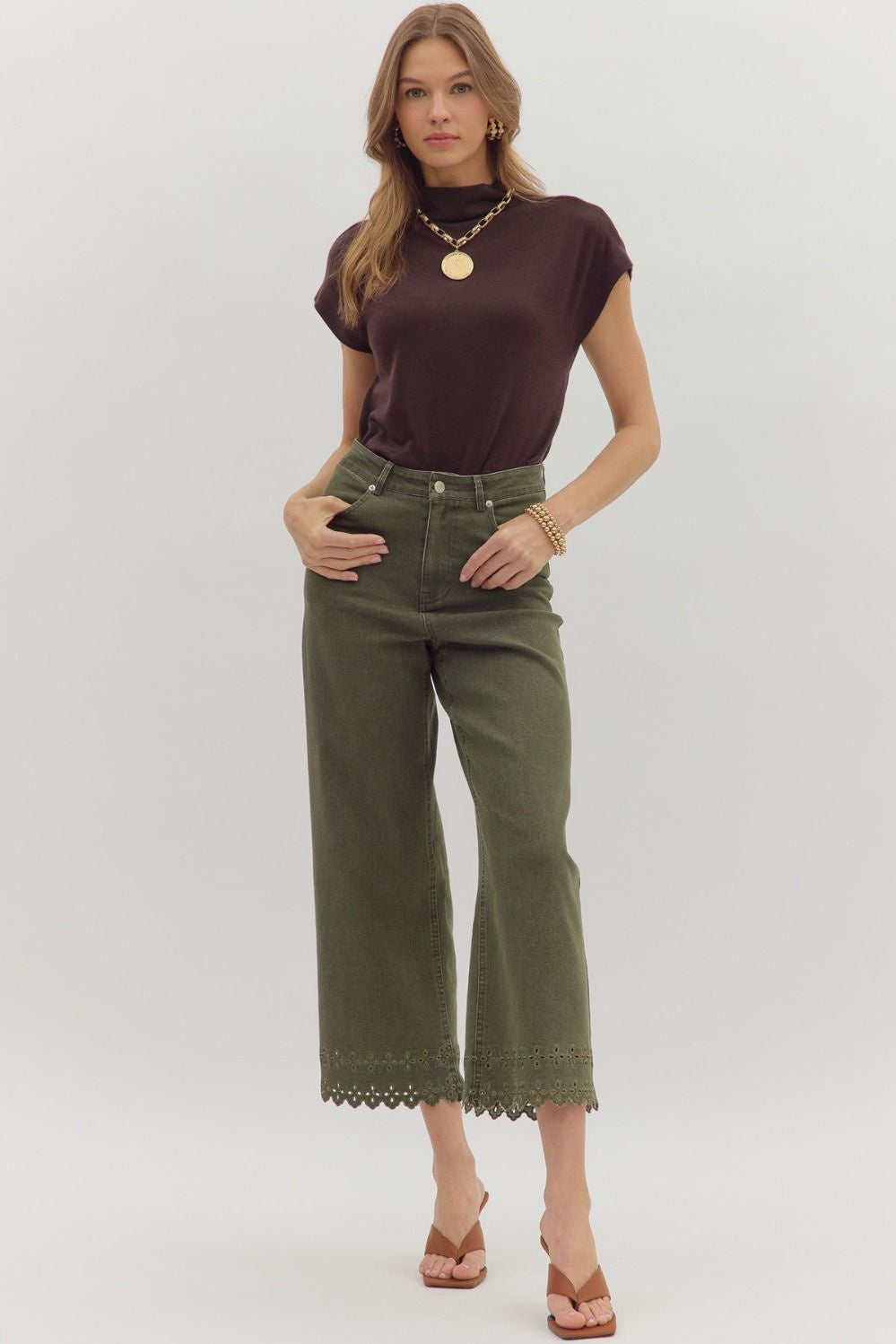 High Waist Ankle Pant with Embroidered Border