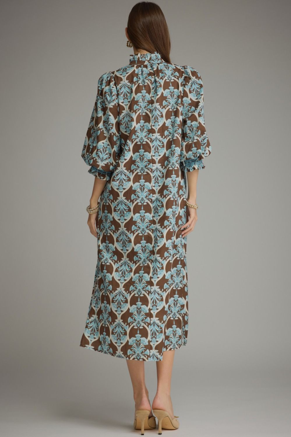 Printed Balloon Sleeve Midi D34099