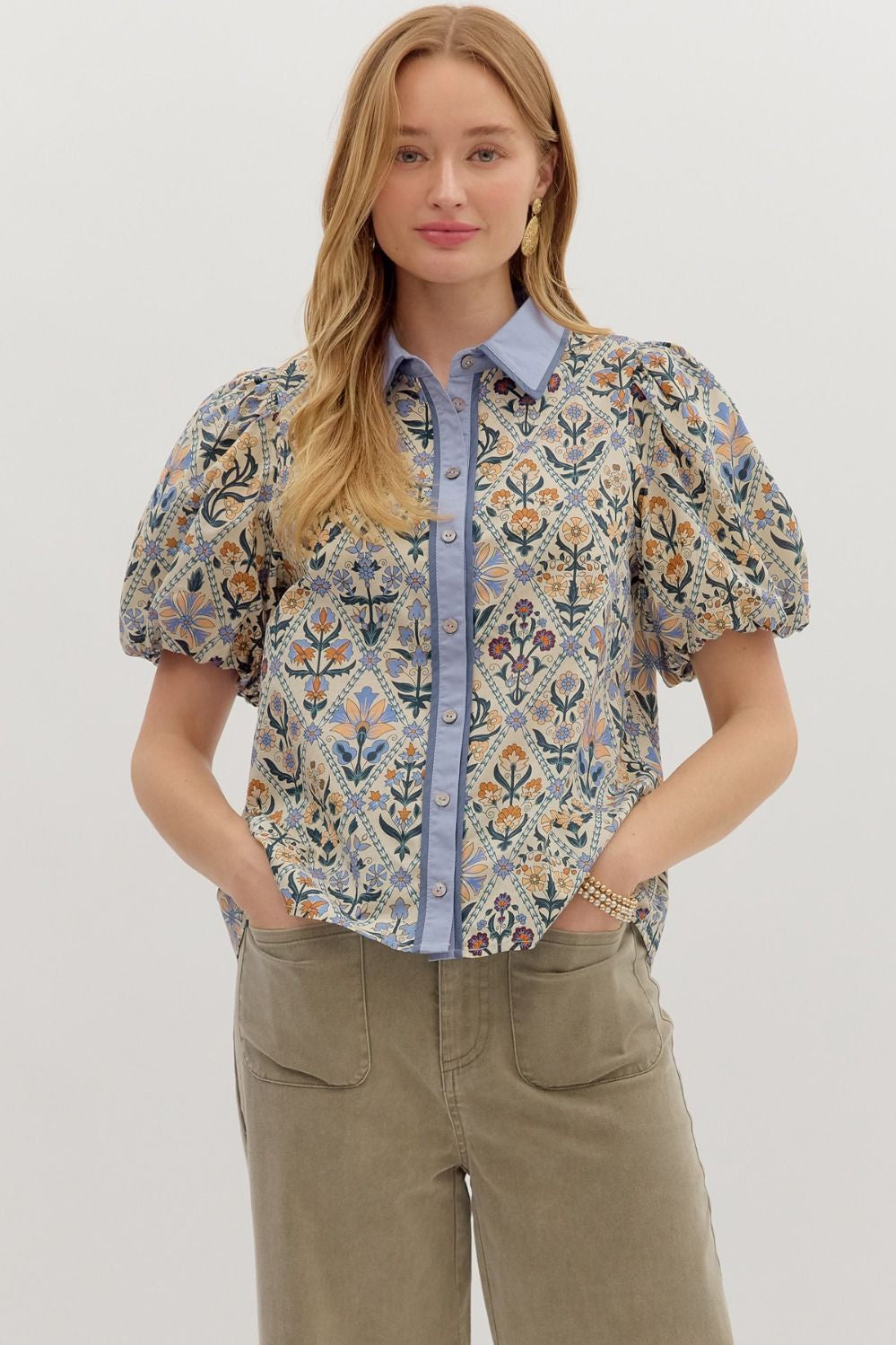 Floral Diamond Print Bubble Sleeve Top 28039
