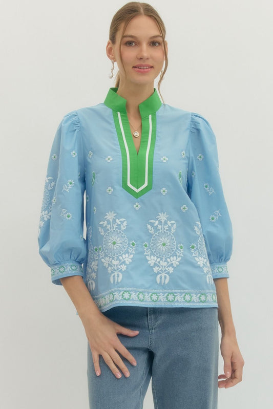 Embroidered Puff Sleeve Top T28895