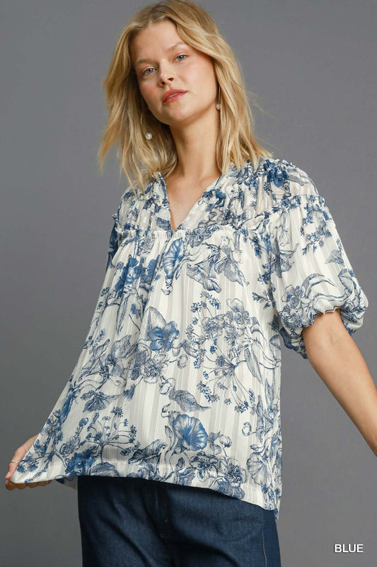 Floral Print Metallic Ruffle Top K9108 - Hello Beautiful BoutiqueTopUmgee
