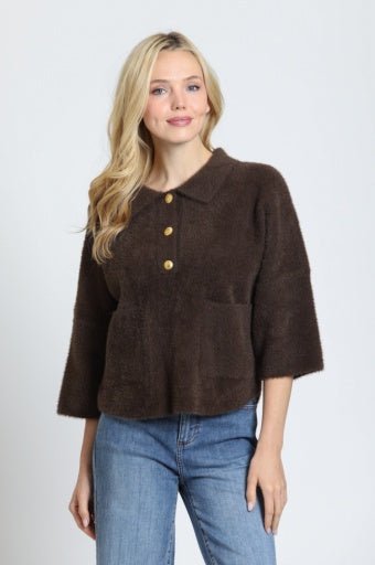 Fuzzy Yarn Pocket Polo SW207A - Hello Beautiful BoutiqueSweaterAPNY