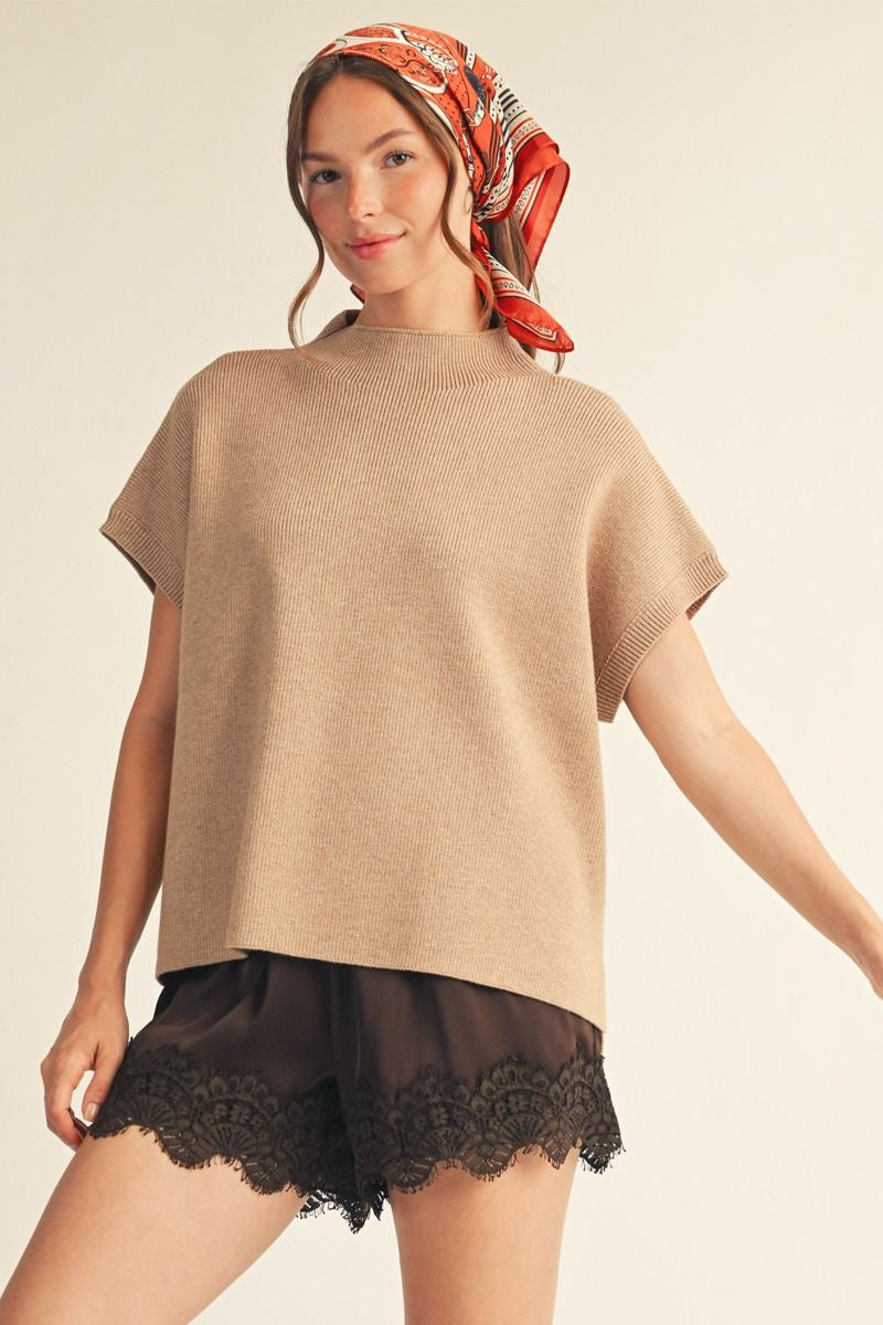Drop Shoulder Mock Neck Sweater with Side Slits