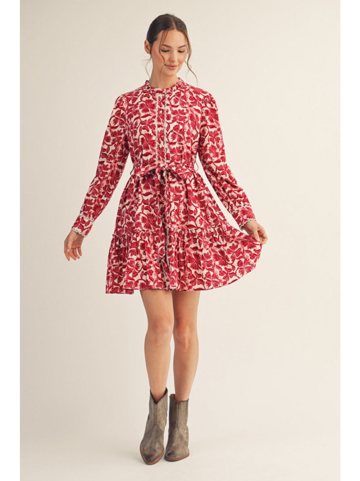 Long Sleeve Belted Floral Dress B12580 - Hello Beautiful BoutiqueDressJodifl