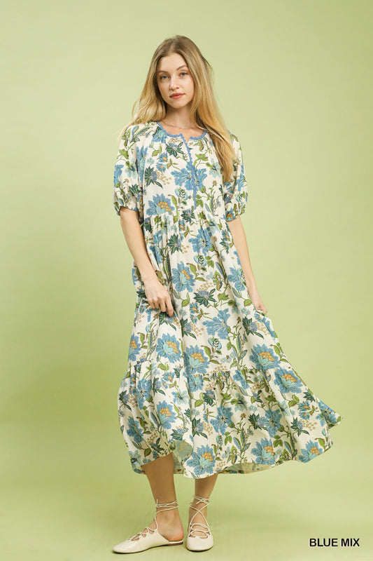 Mix Floral Midi w/ Puff Sleeves K1822 - Hello Beautiful BoutiqueDressUmgee