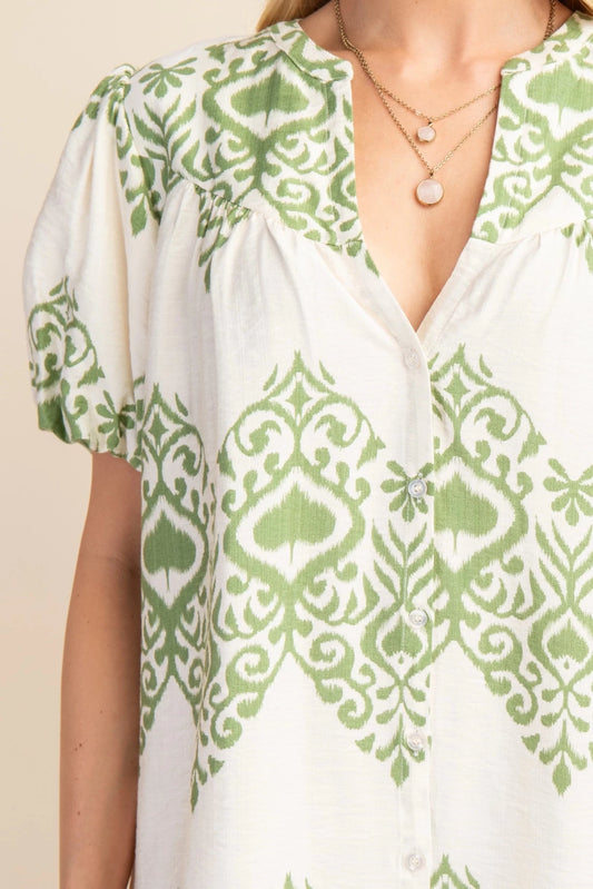Printed Button-Down Mini Dress with Puff Short Sleeves & Side Pockets - Hello Beautiful BoutiqueDress/ MiniGigio