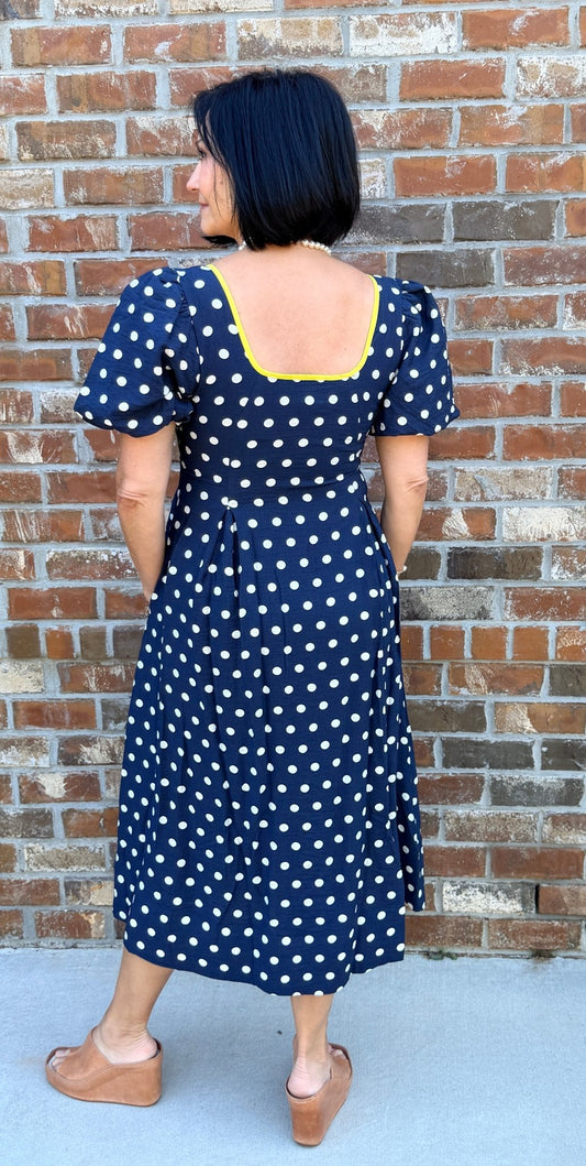Retro Polka Dot Puff Sleeve Midi Dress with Contrast Trim D30640 - Hello Beautiful BoutiqueDressEntro