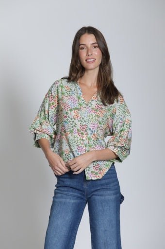 Shirt W/ Blouson Sleeves T55P/C-377D/CG - Hello Beautiful BoutiqueTopAPNY