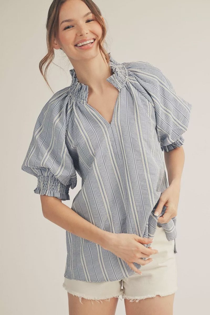 Stripe Puff Sleeve Ruffle Top with Smocking Detail - Hello Beautiful BoutiqueTopsJodifl