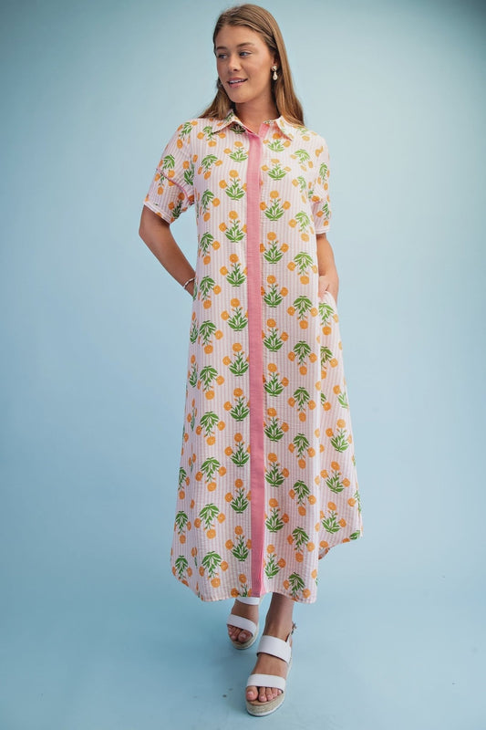 Striped Floral Maxi Shirt Dress with Short Sleeves and a Covered Placket - Hello Beautiful BoutiqueDressGigio