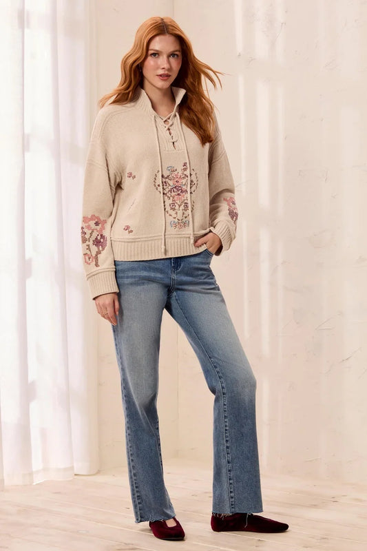 Tribal Floral Embroidered Lace-Up Mock-Neck Sweater in Chantilly