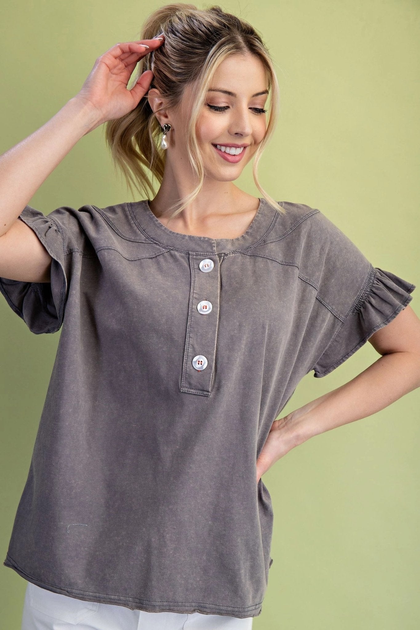 Washed Button T Shirt 1179 - Hello Beautiful BoutiqueTopGigio