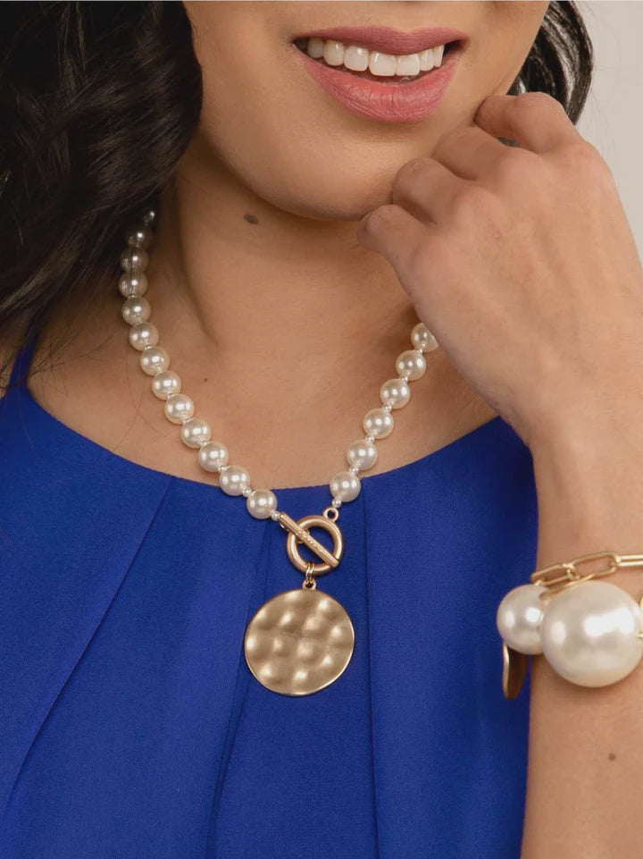 Small Pearl with Hammered Gold Disc #2700