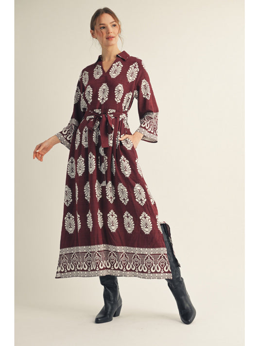 3/4 Sleeve Damask Border Print Dress G15078