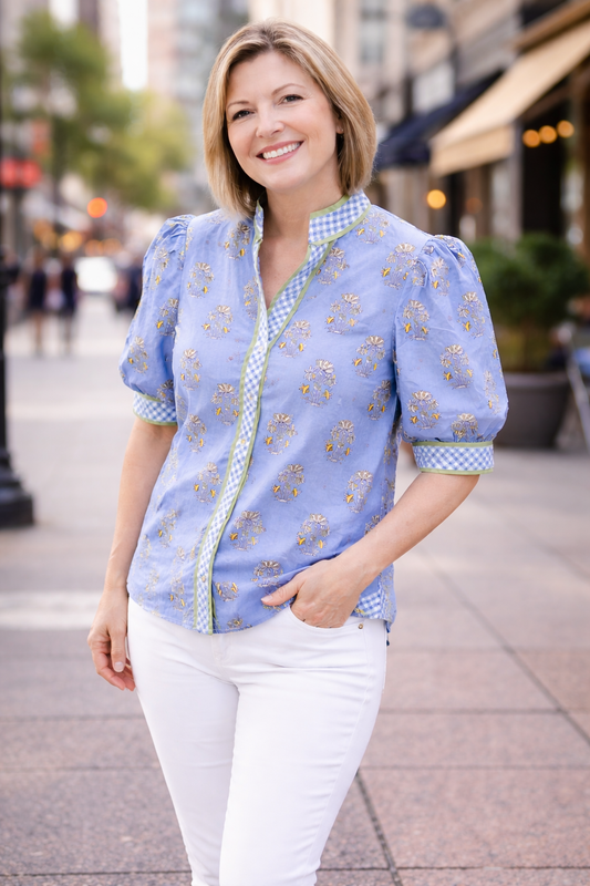 Floral Button up with Gingham Trim T29707