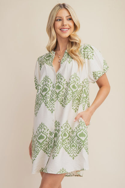 Printed Button-Down Mini Dress with Puff Short Sleeves & Side Pockets