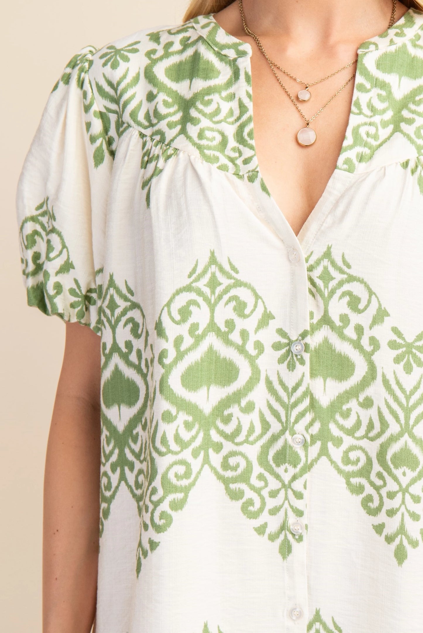 Printed Button-Down Mini Dress with Puff Short Sleeves & Side Pockets