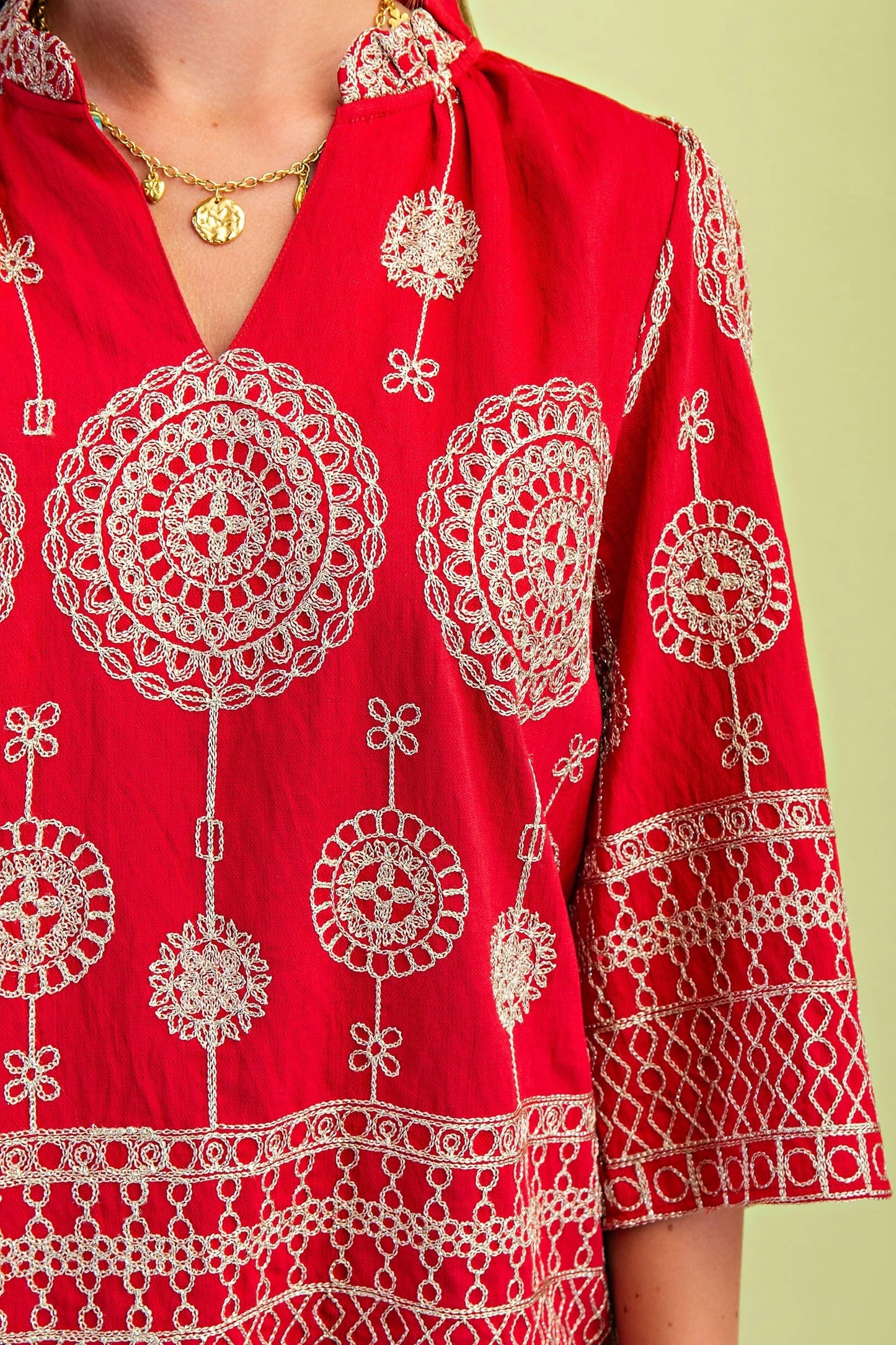 Metallic Embroidered V-Neck Blouse with Ruffled Neck & Wide 3/4 Sleeves