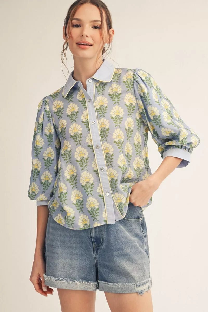 3/4 Puff Sleeve Floral Button Down Top with Contrast Piping - Hello Beautiful BoutiqueTopJodifl