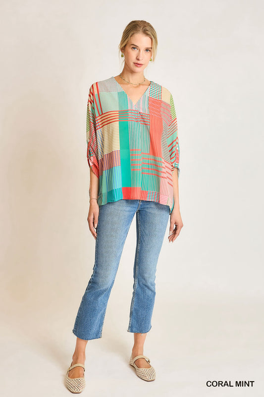 Mixed Print 3/4 Sleeve Top A0714