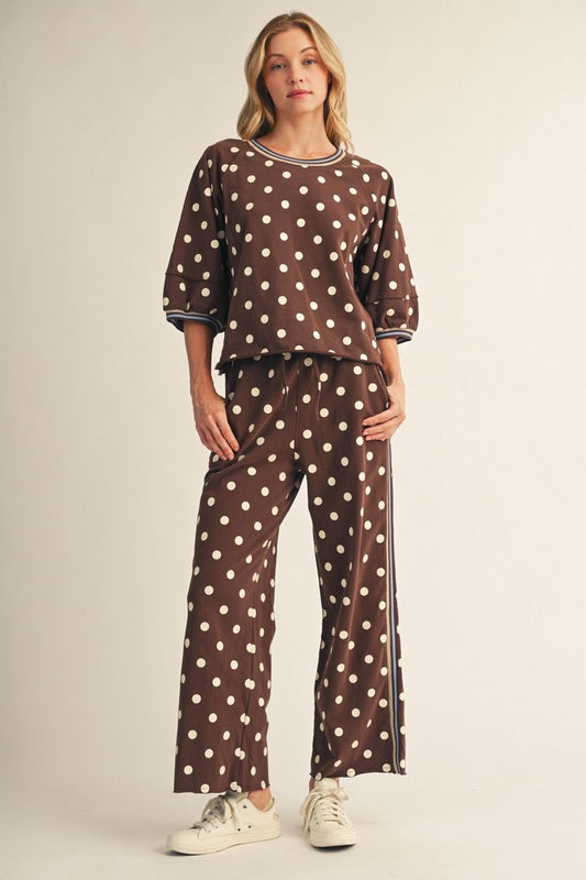 Polka Dot Puff Sleeve Top & Pants Set R51428