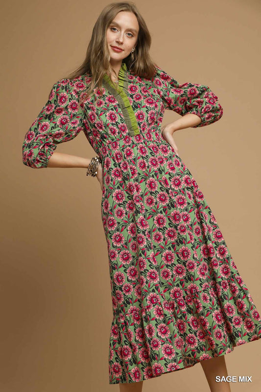 Mix Floral Ruffle Midi Dress 1066