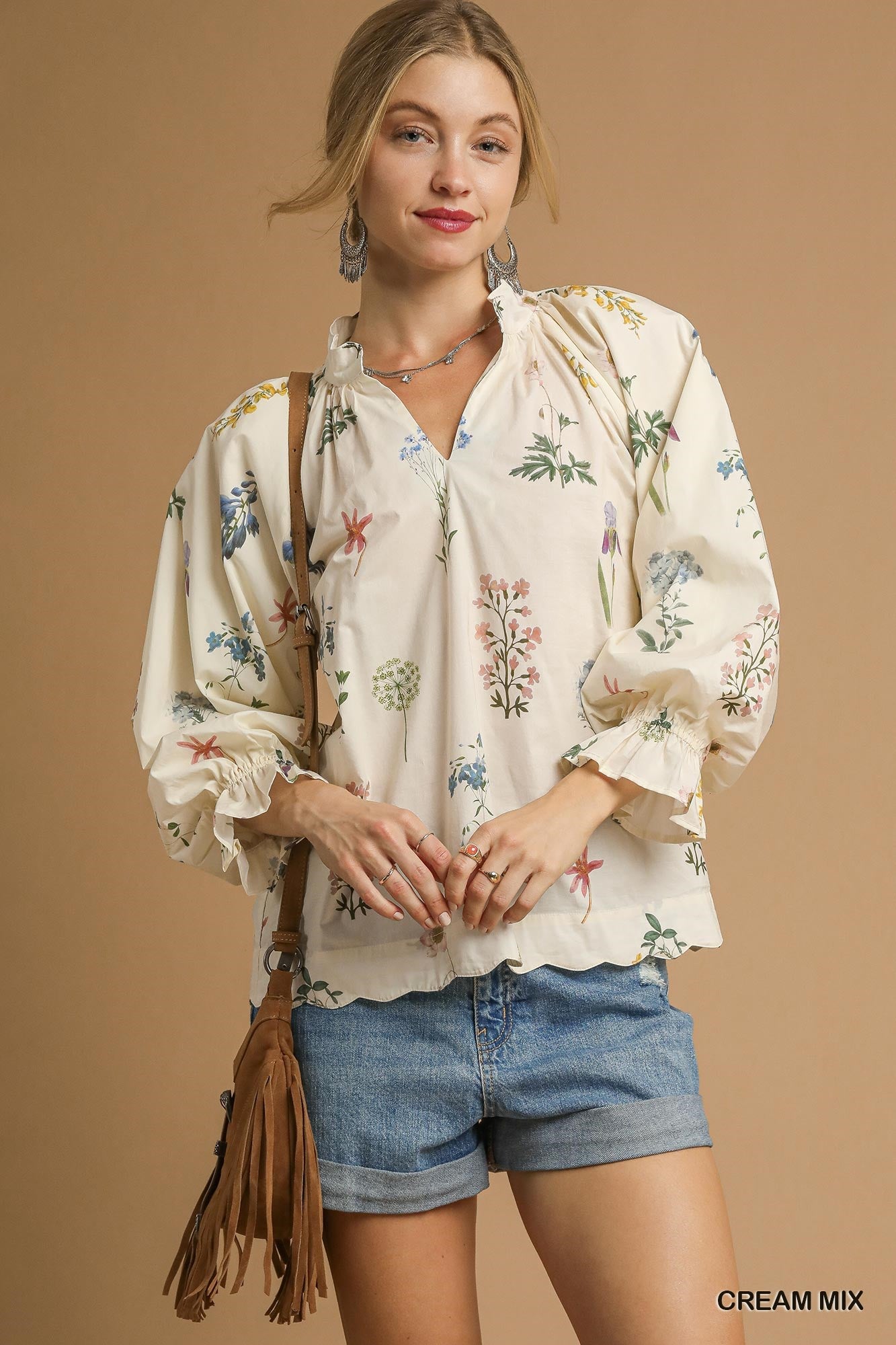 Floral Ruffle Neck Blouse C5661