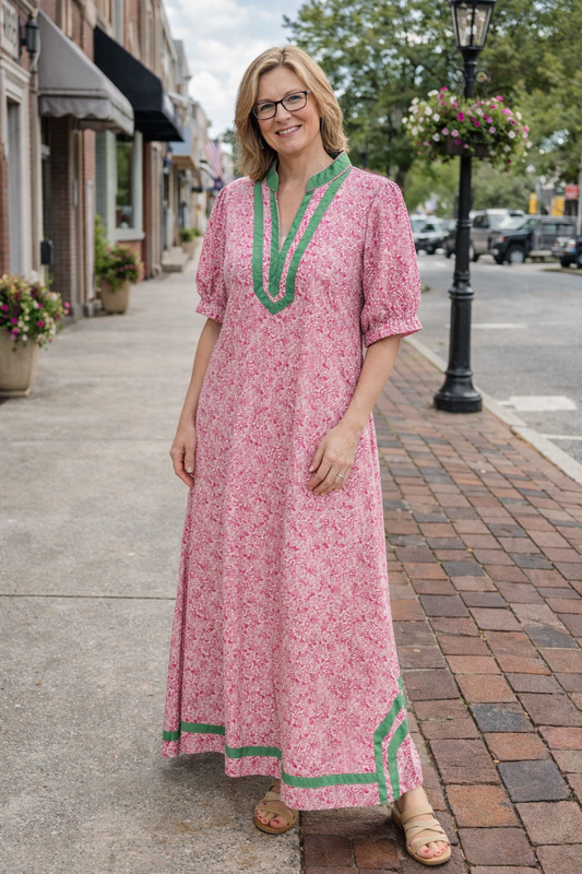 Pink Floral Maxi with Green Trim Details D29650