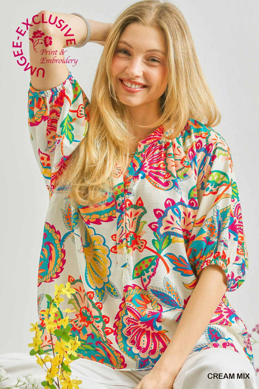 Paisley Print VNeck Top K1607