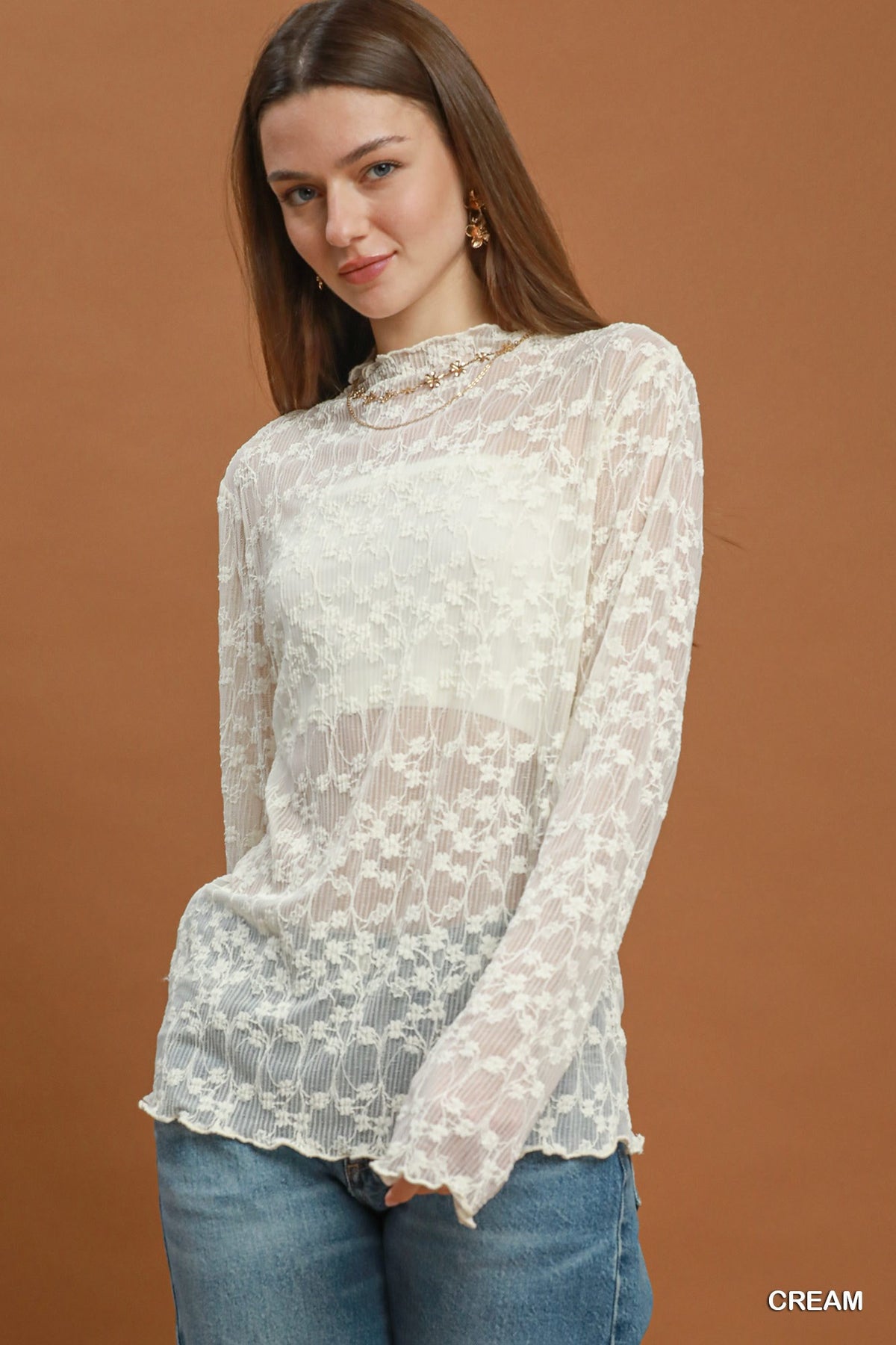 Sheer Floral Lace Long-Sleeve Top C6734