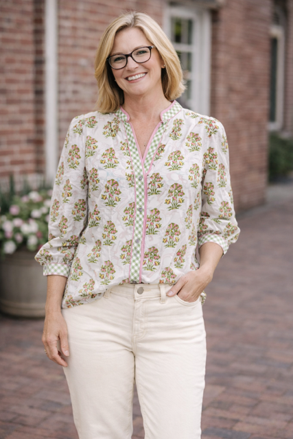 Floral Button up with Gingham Trim T29707