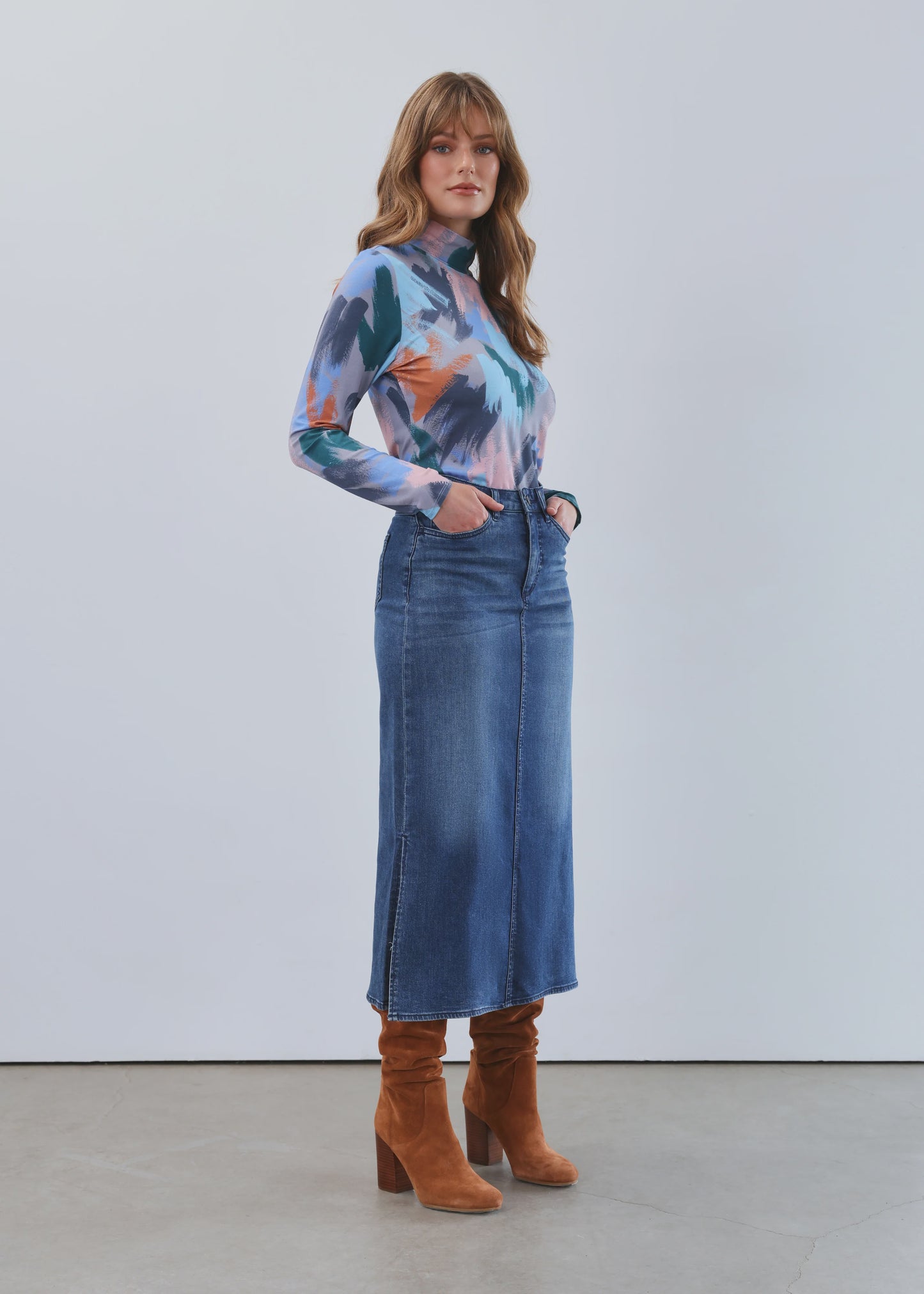 Column Denim Skirt with Slits
