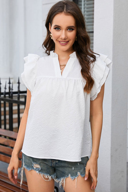 Eileen Ruffle Accent Flutter Sleeve Notch Neck Top