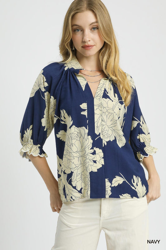 Floral Scallop Trim Blouse