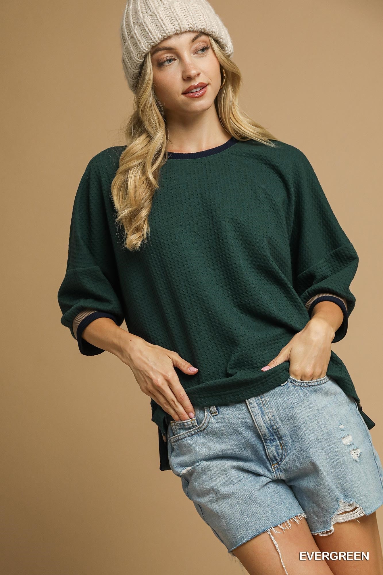 Textured Waffle Knit Contrast Sleeve Top 5330