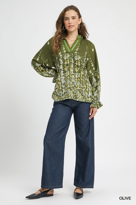 Floral Vine Print Blouse with Balloon Sleeves 5388