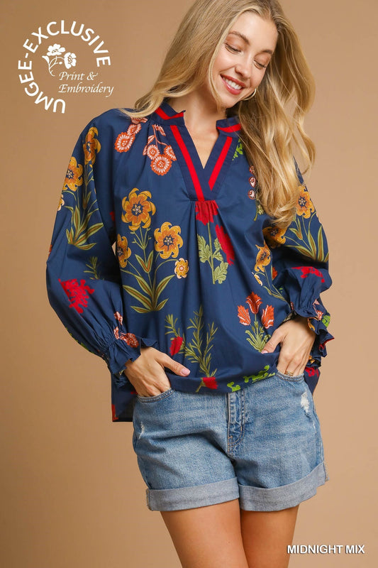 Floral Print V Neck Open Collar Top 5493
