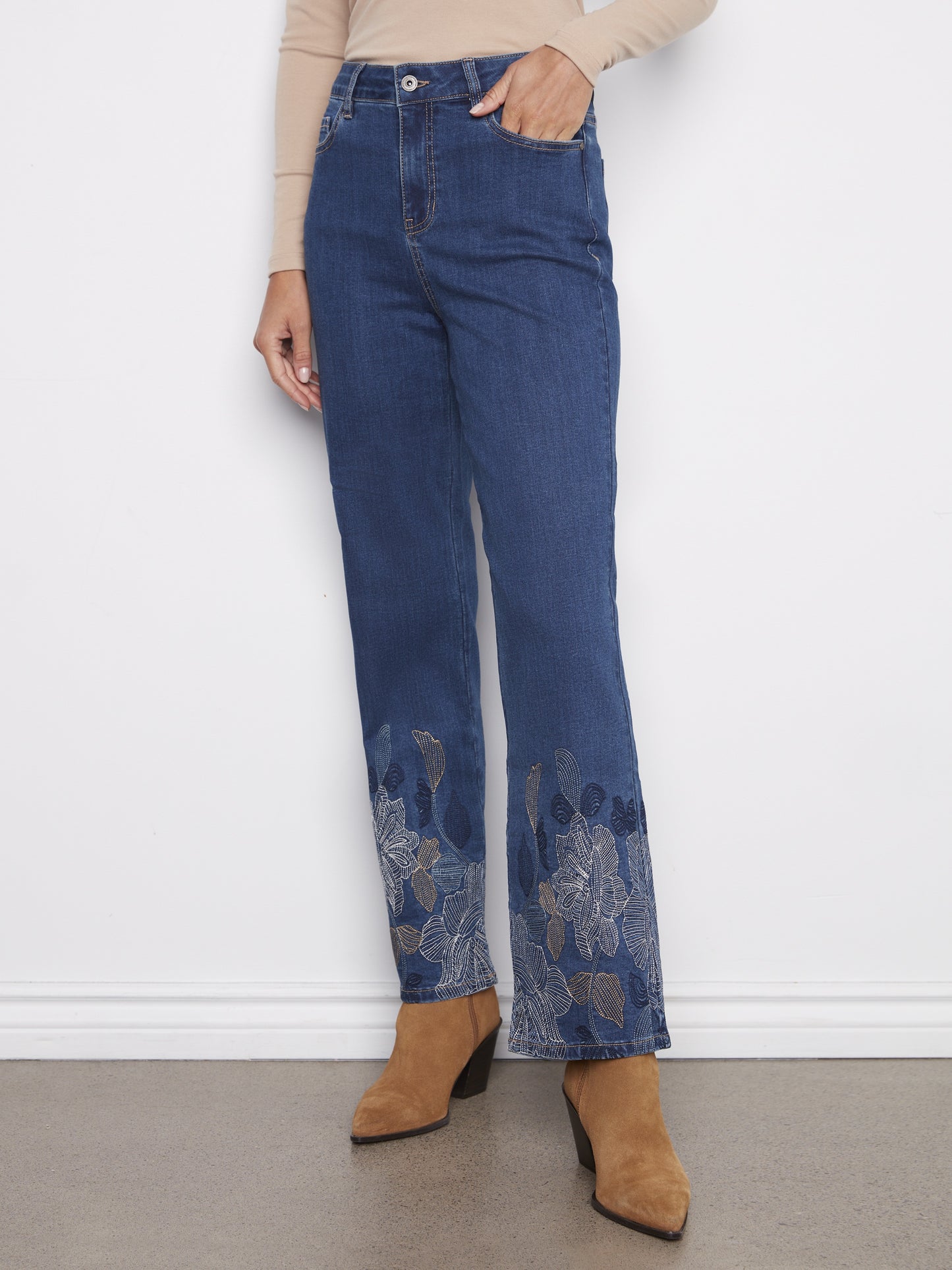 Metallic Thread Embroidery Straight Leg C5678