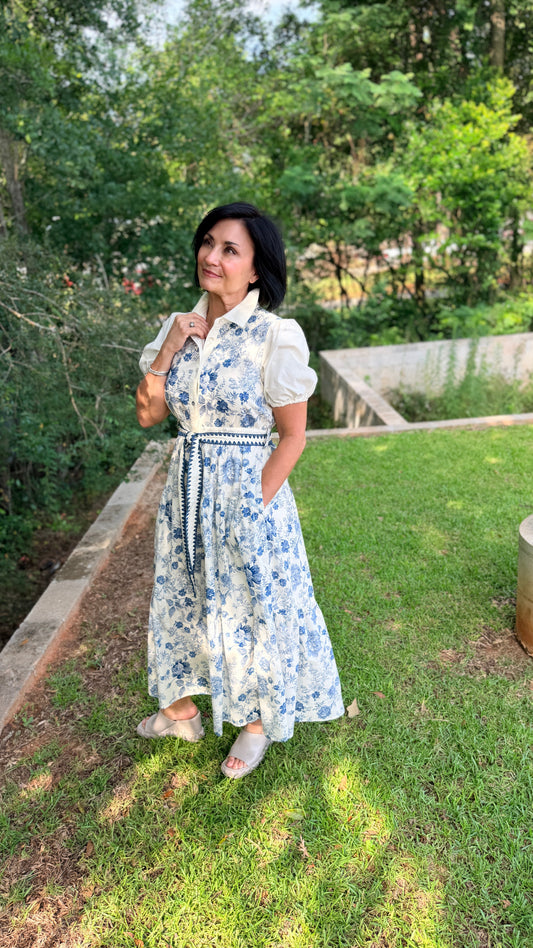 Short Sleeve Button Down Tiered Floral Midi Dress with Waist Tie