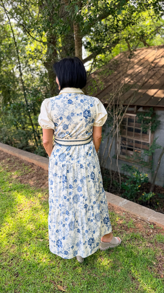 Short Sleeve Button Down Tiered Floral Midi Dress with Waist Tie