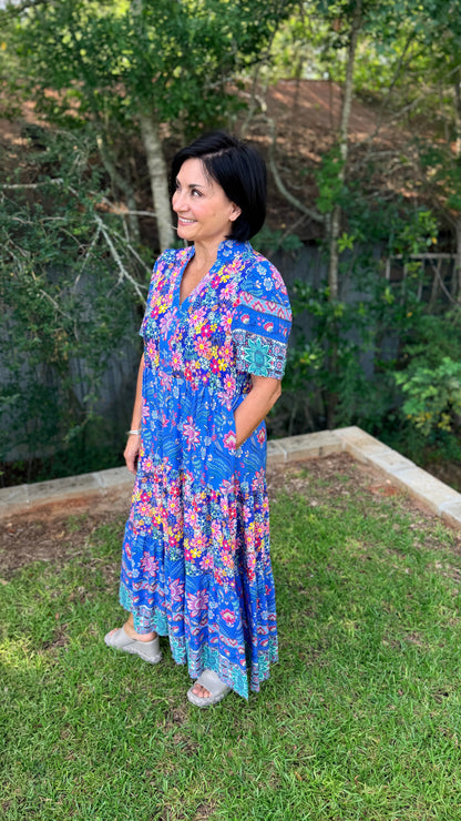 Mixed Print Tiered Midi Dress with Ruffle Neck